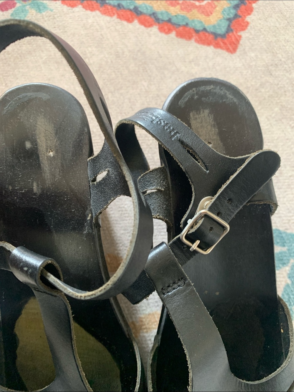 Swedish Hasbeens Black Leather T‑Strap Cutout Wedge Sandals - Picture 4 of 4